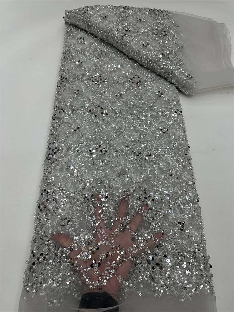 

Nigerian Sequin Beaded Lace Fabric 2026 High-Quality French Tulle Sequin Lace Fabric Bridal Wedding Dress Fabric 5Yards