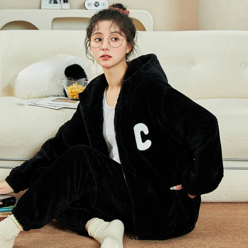 Women Autumn Winter Nightwear Thick Plush Coral Velvet Pajamas Female Student Dorm Sleepweaer Zipper Flannel Home Clothing Set