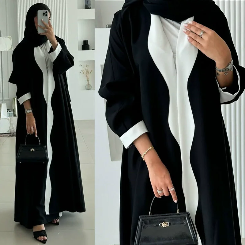 

Ramadan Morocco Saudi Arabia Dubai Black and White Fashion Women's Cardigan Robe Coat Middle Eastern Women's Abaya
