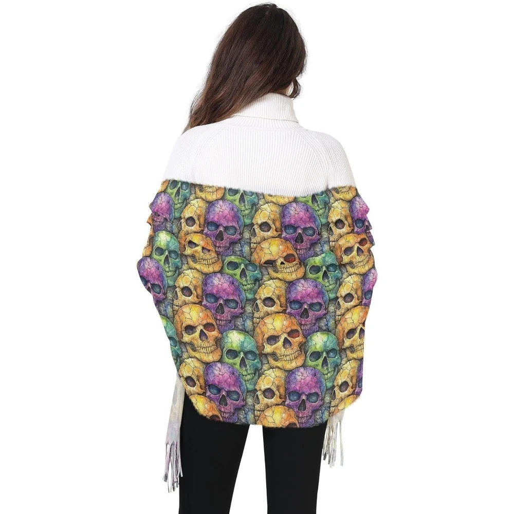 

Women's Scarf Colorful Skulls Print Lightweight Thin Soft Cashmere Feel Scarf with Tassel Shawl Wraps 86×30 in Print One Size