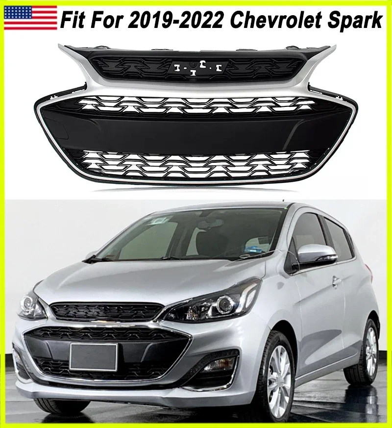 Front Bumper Grille Fit For 2019-2022 Chevrolet Spark Front Upper&Lower Grille Air Intake Grills Modified Grill Assembly Silver