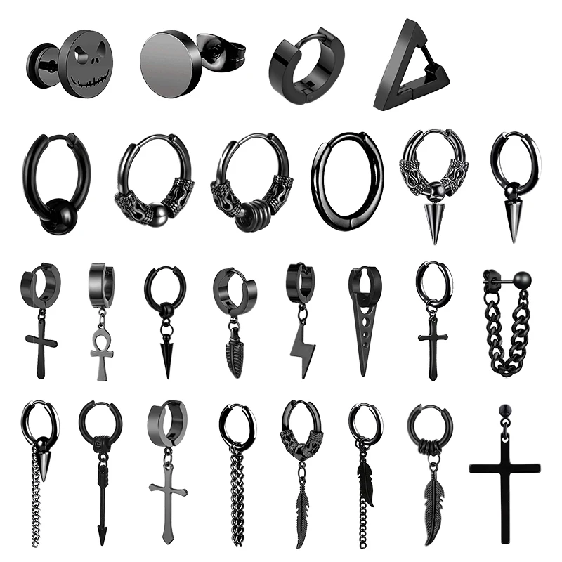 1 par punk brincos de aço inoxidável preto conjunto para homens mulheres vintage hip hop piercing orelha jóias