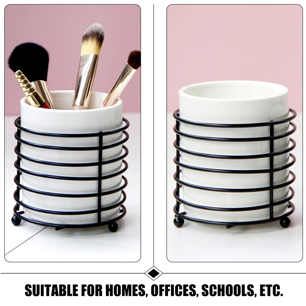 حامل فرشاة مكياج من السيراميك مع حامل حديدي لكوب القلم الرصاص ومنظم سطح المكتب وحامل القلم وحاوية تخزين للوازم المكتبية