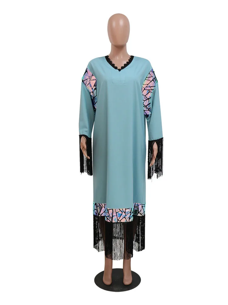 Floral Print Abaya Women Tassels Maxi Dress Muslim Turkey Dubai Kaftan Arabic Robe Islamic Morocco Party Caftan Eid Ramadan