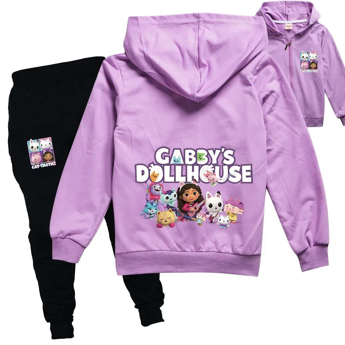 Gabys Dollhouse Clothes Kids Gabby Chat Hoodie Girls Spring Autumn Outfits Kids Long Sleeve Zipper Jacket Jogging Pants 2pcs Set