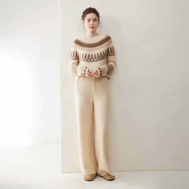 

Choice Women's 100% Cashmere Pants Wide Leg Pants Autumn Winter Thickness Simple Lace-up Casual Style Cashmere Knitted Trousers