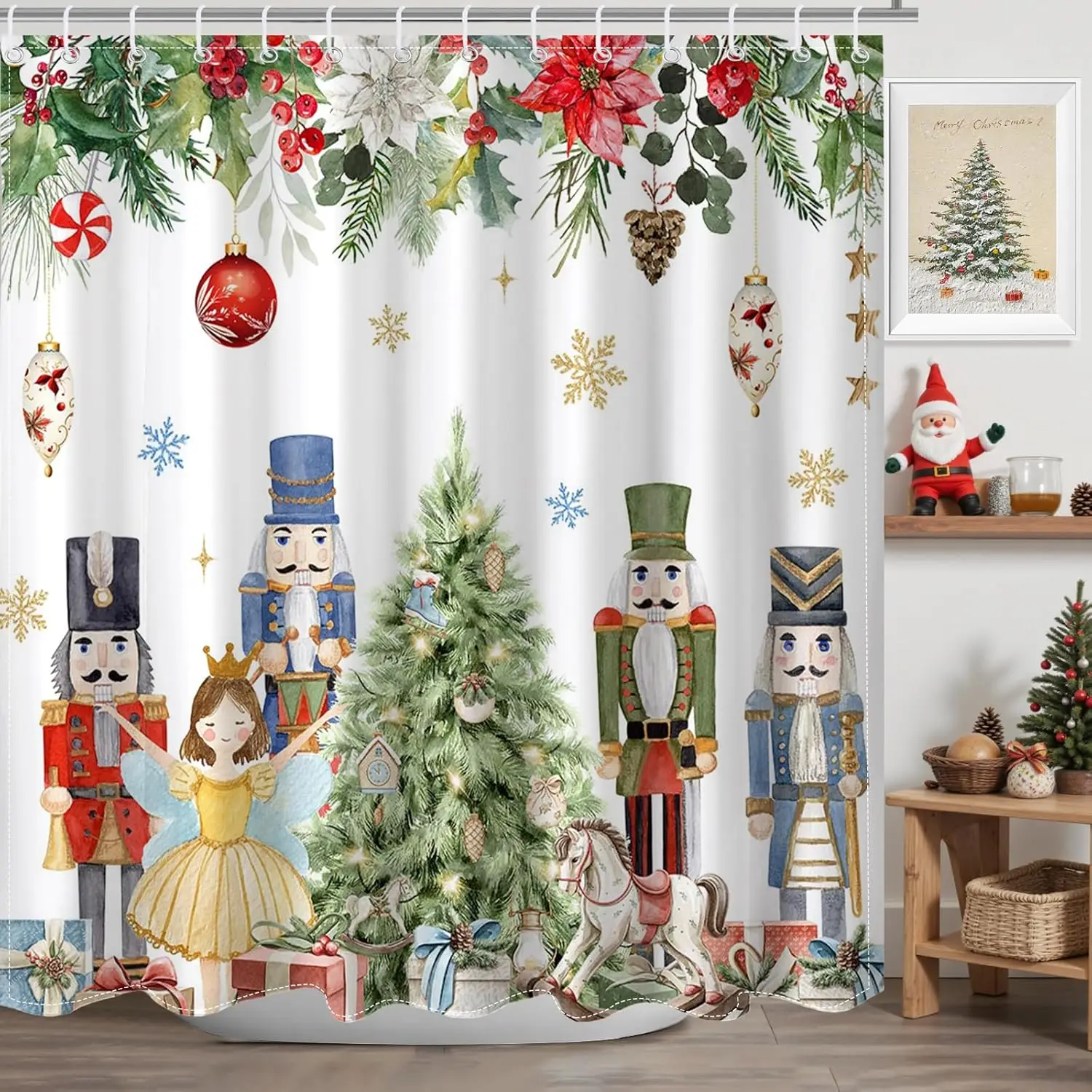 

Милые Щелкунчики, рождественские шары, снежинка, занавеска для душа с зимним дизайном сосны, рождественский декор для ванной комнаты для праздничного праздничного стиля