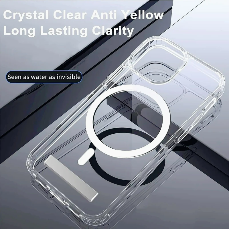 حافظة هاتف مغناطيسية شفافة مع مسند لهاتف آيفون 17 برو ماكس اير 16 15 14 13 12 غطاء صغير خفيف الوزن