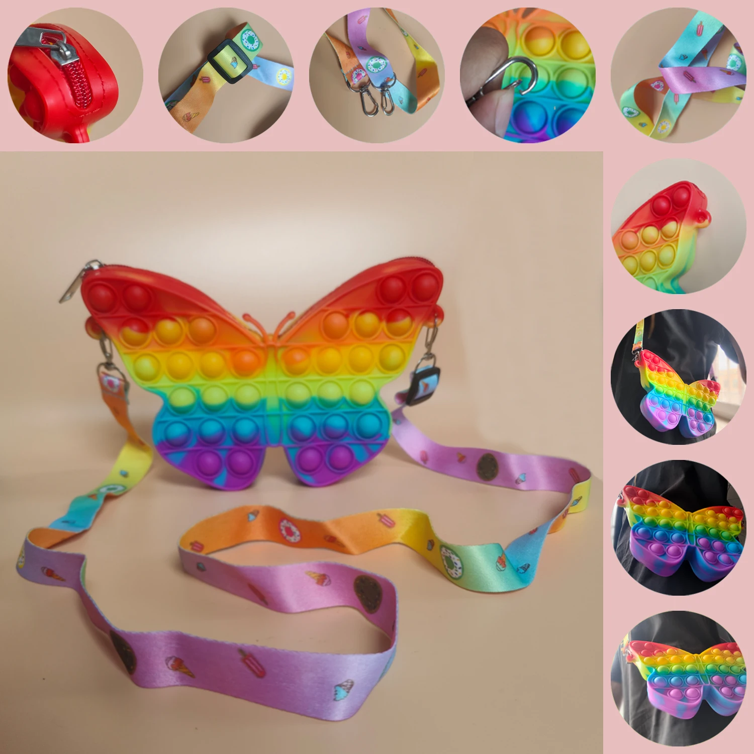 Butterfly Shoulder Bag with Rainbow Cloud Pop Itting Purse For Girls Sensory Fidget Toy Silicone Shoulder Bag Push ﻿