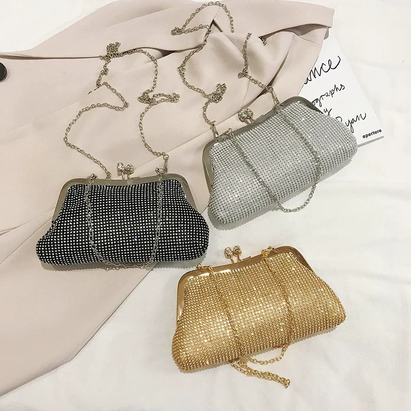 Bolso de mano de noche a la moda para mujer, bolsos brillantes para boda, bolso de mano con hebilla y lazo de Metal para novia, bolso de hombro tipo bandolera con cadena