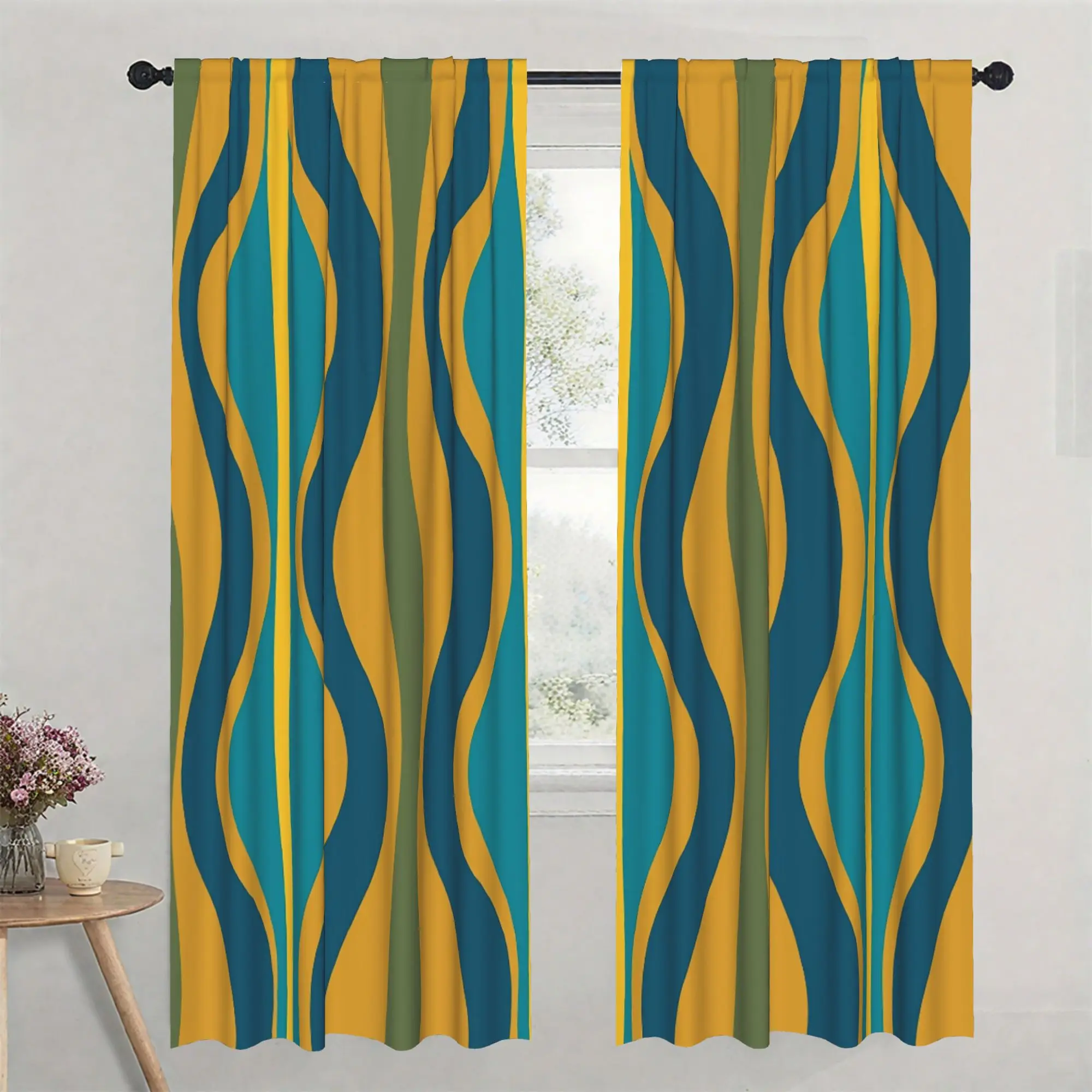 Modern Abstract Wavy Curtain Pair Yellow Blue Decorative Window Panel Curtains Set 2pcs for Living Room Home Decor