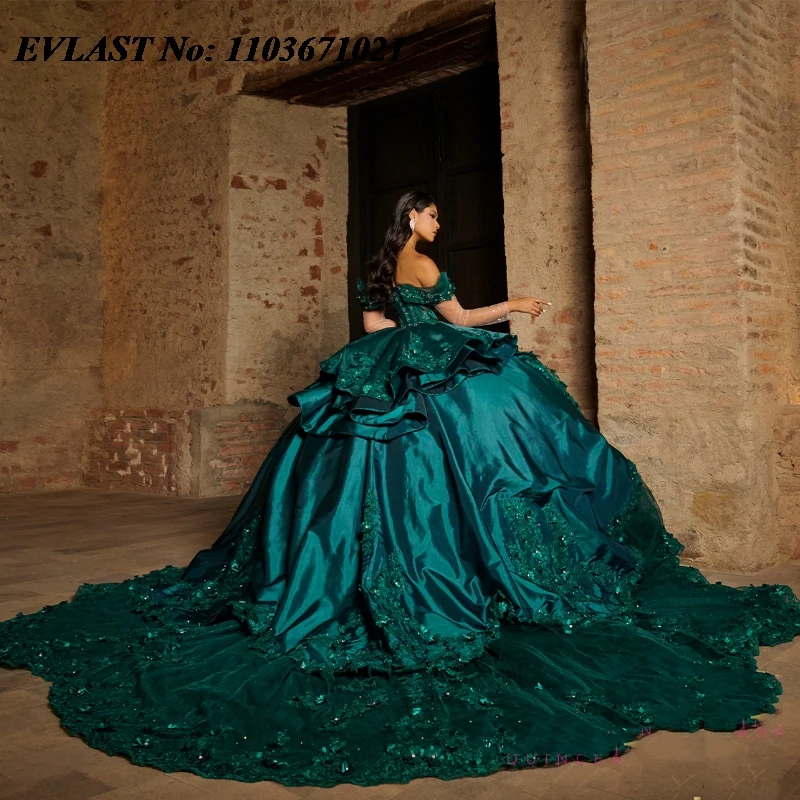 EVLAST Glitter verde smeraldo abito Quinnceanera abito da ballo Applique in pizzo con perline corsetto messicano dolce 16 Vestidos De 15 Anos SQ543