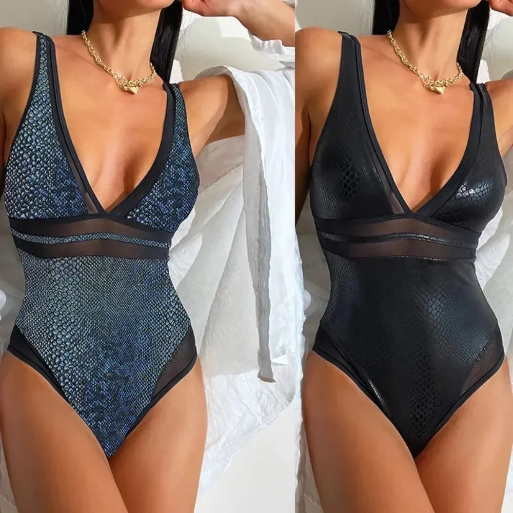 Sexy Swimsuit Women One Piece Bikini Backless Bathing Suit Black Swimwear Tight Solid Spliced Beach Swimming Suit Holiday 2024