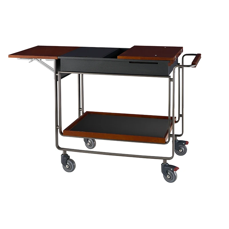 Mobile Foldable Stainless Steel & Rubber Wood Flambe Cart Single Cassette Stove Serving Trolley for Hotels Restaurants Home Use