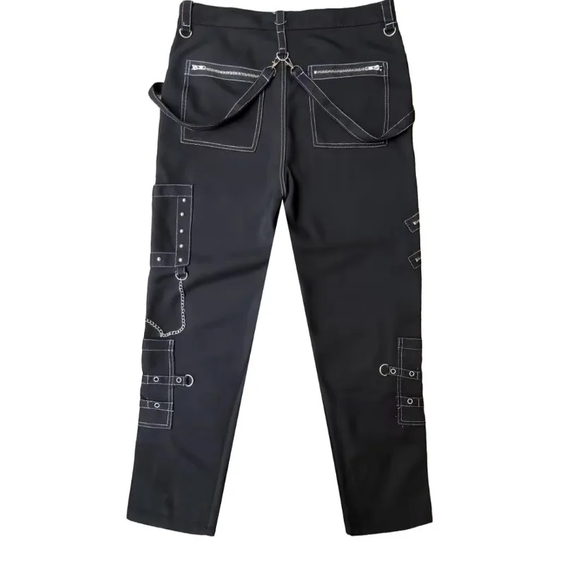 Spring and Fall Trousers Chain Embellished Personality Slacks Men's Gothic Pants Punk Rock Perforated Cargo Pants Bondage Jeans
