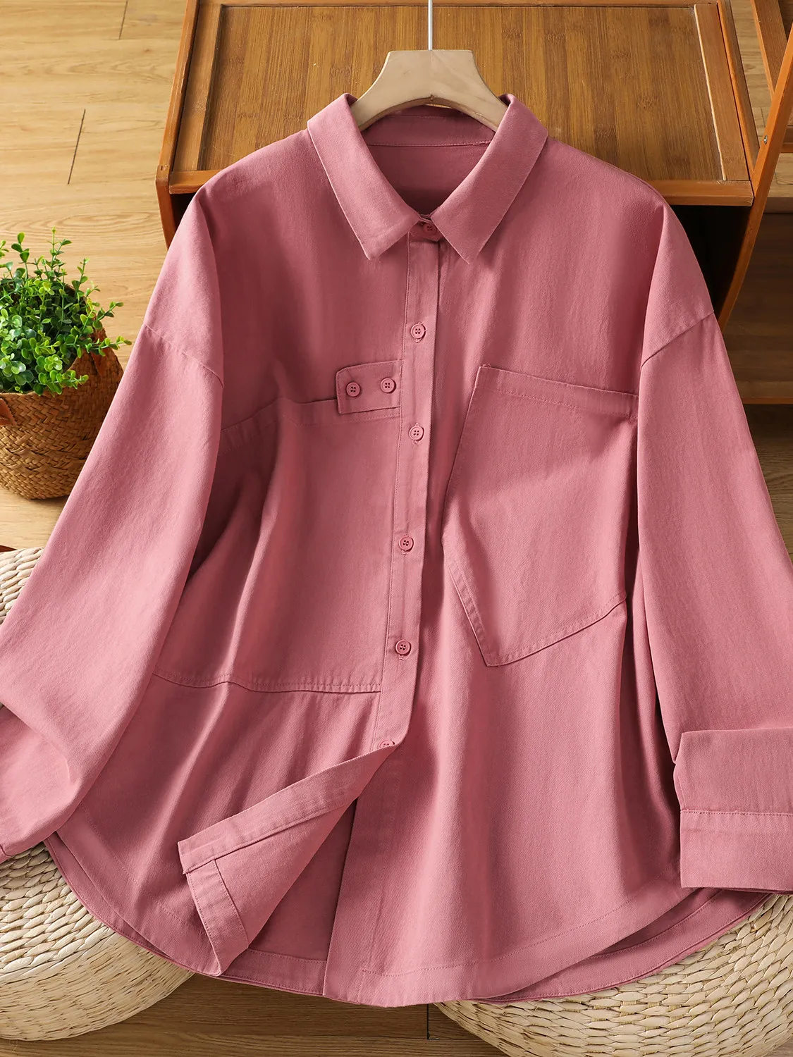 

Casual Loose Long Sve irt Single Button Vintage Faionable Women's plus Size Cotton Spring Summer Autumn Color