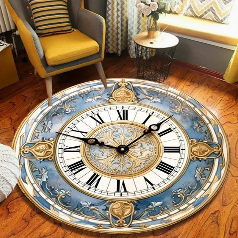 Vintage Clock Design Floor Mat Rugs Carpets Home Decoration Non Slip Washable Roman Numeral Round Carpets for Living Room