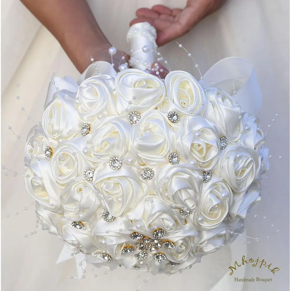 باقة بروش مستديرة متألقة باللون العاجي مع ورود صناعية للعرائس ووصيفات العروس - مثالية لحفلات الزفاف وال Quinceaneras (9 #3