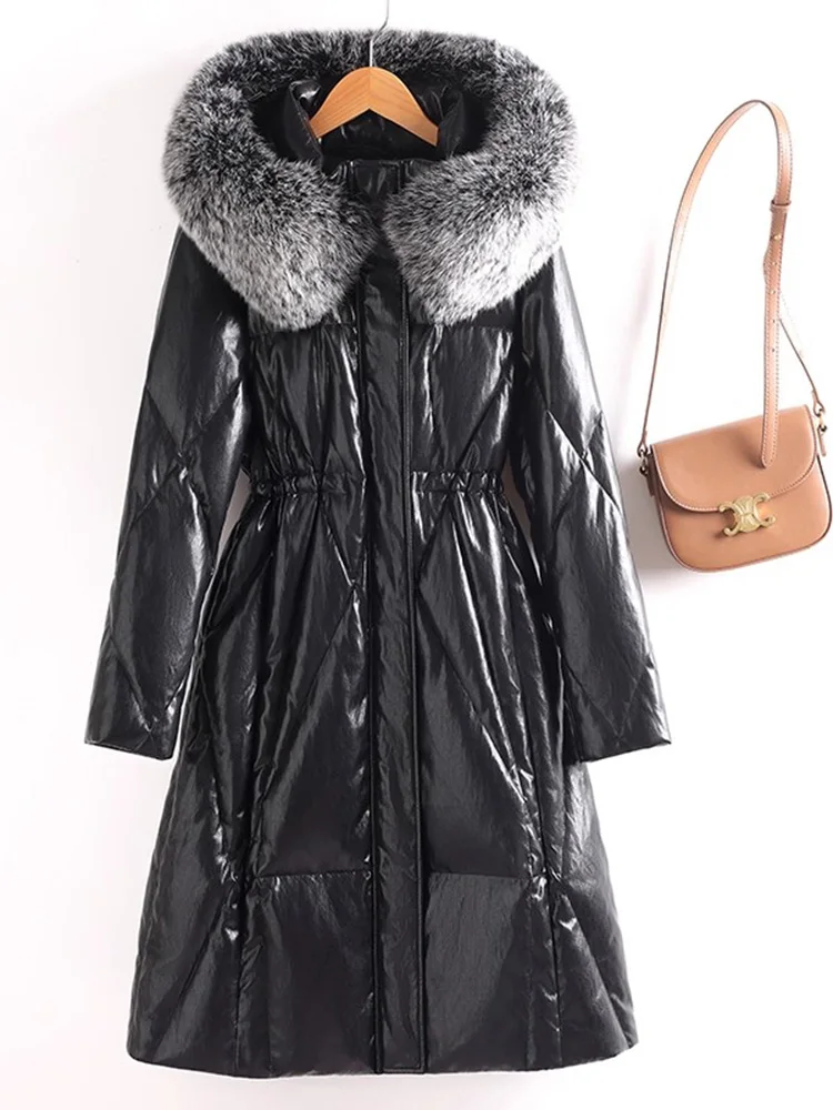 جديد إمرأة شتاء انقسام الجلود أسفل معطف موضة مقنعين الثعلب الفراء طوق الرباط الخصر النحيف معطف دافئ معطف جلد يومي غير رسمي #5