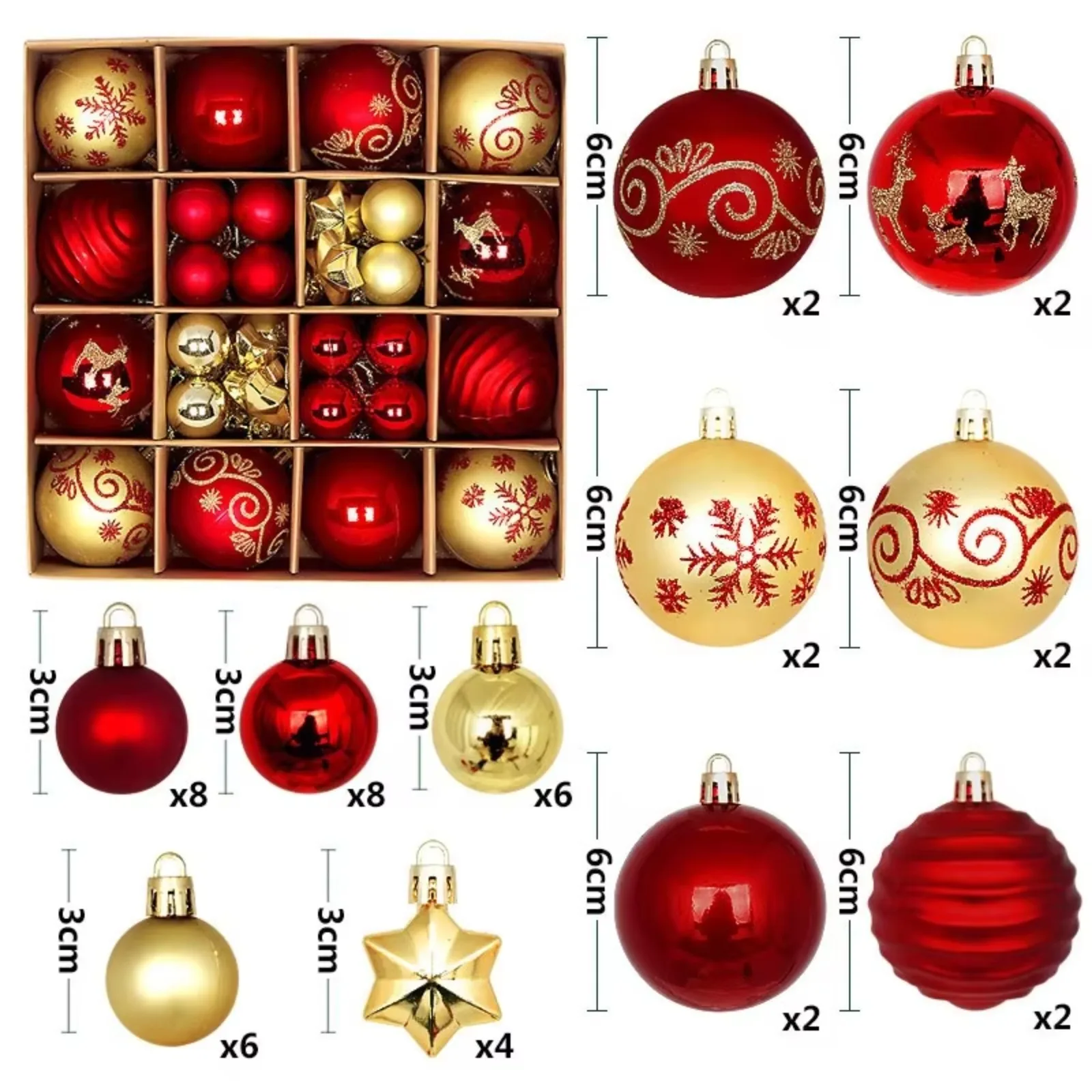 44Pcs Christmas Tree Ornaments 3/6CM Assorted Balls Shatterproof Hanging Decorations Holiday Home Party Decor Indoor Display Set