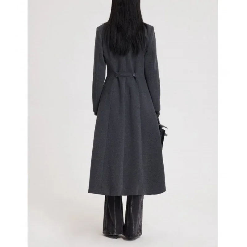 Gray Hepburn woolen coat for women's autumn and winter new high-end waist and thin medium and long over-the-knee woolen coat