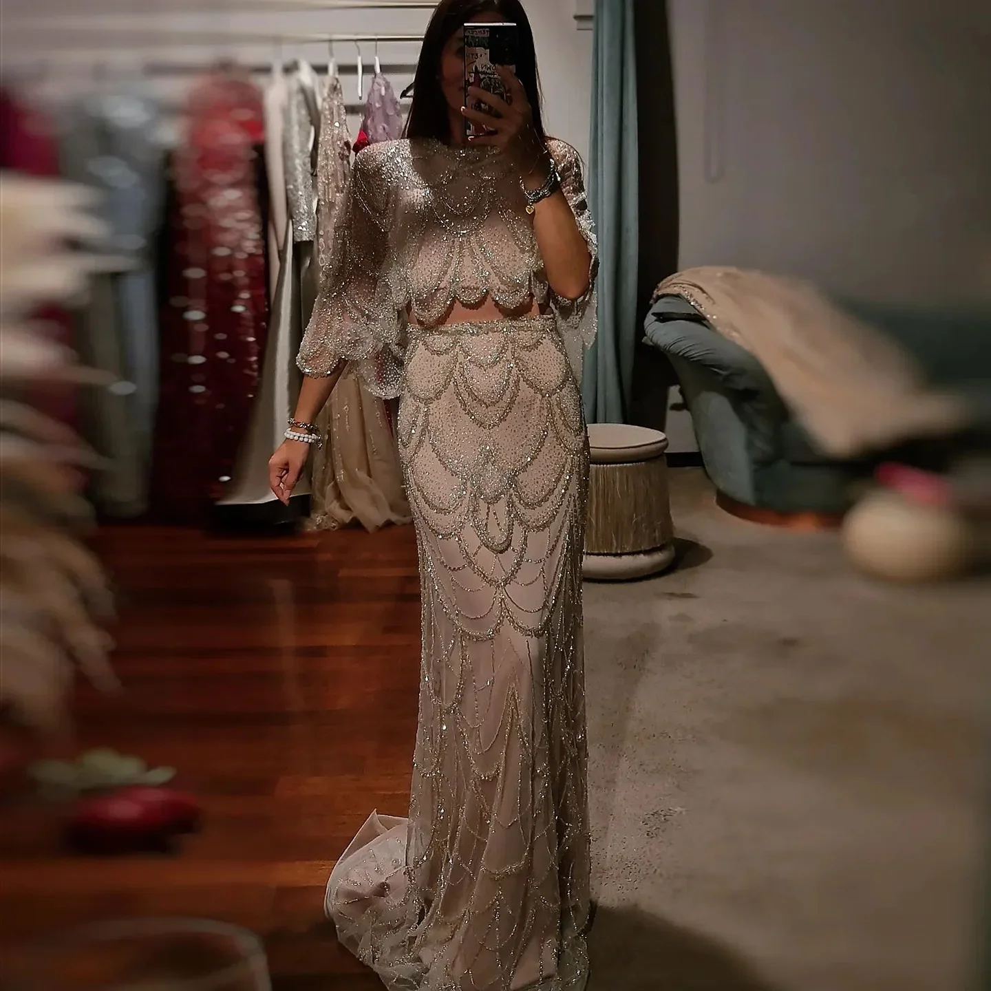 

Шарон Саид Роскошный бисер Дубай телесного цвета из двух частей укороченный топ Русалка вечернее платье накидка арабские свадебные платья SS646 по индивидуальному заказу