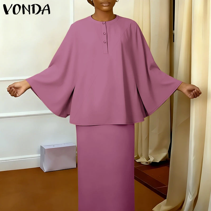 

Женская блузка VONDA больших размеров 5XL с длинными расклешенными рукавами, модная повседневная однотонная рубашка 2026 года, элегантный офисный топ оверсайз с круглым вырезом
