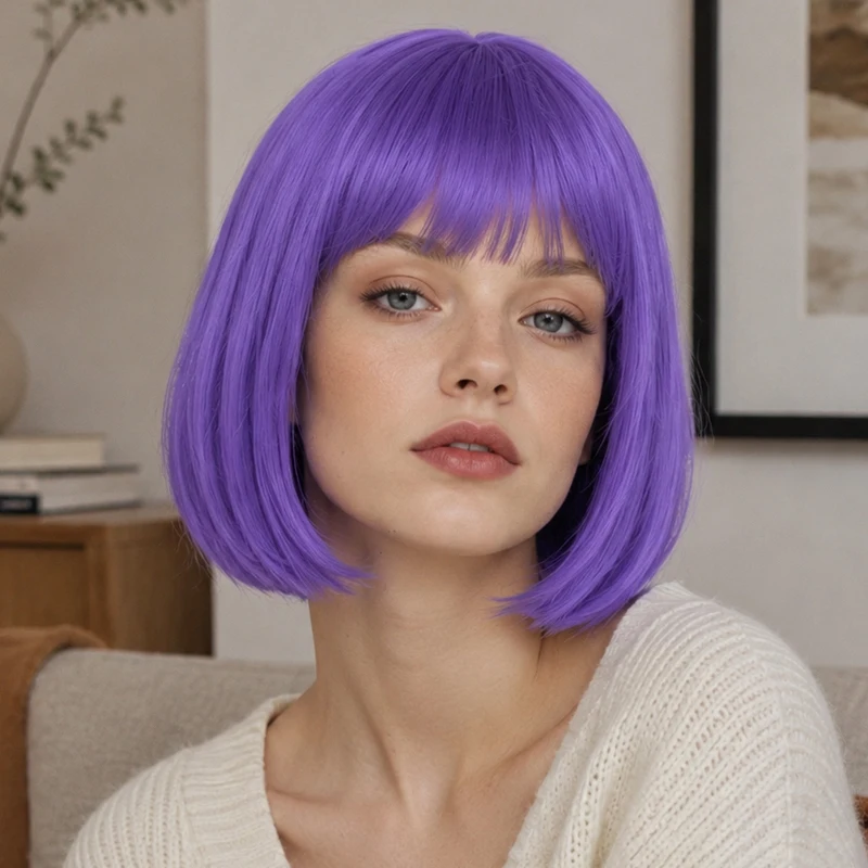 

12-inch high-temperature synthetic wig, light purple, smooth, with straight bangs; suitable for both cosplay and everyday wear.