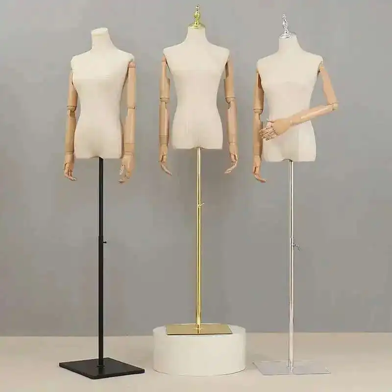 

Metal Arm Cloth Cover Female Head Half Mannequins Wooden Base Wedding Clothing Display Stand Adjustable Clothing Store Mannequin