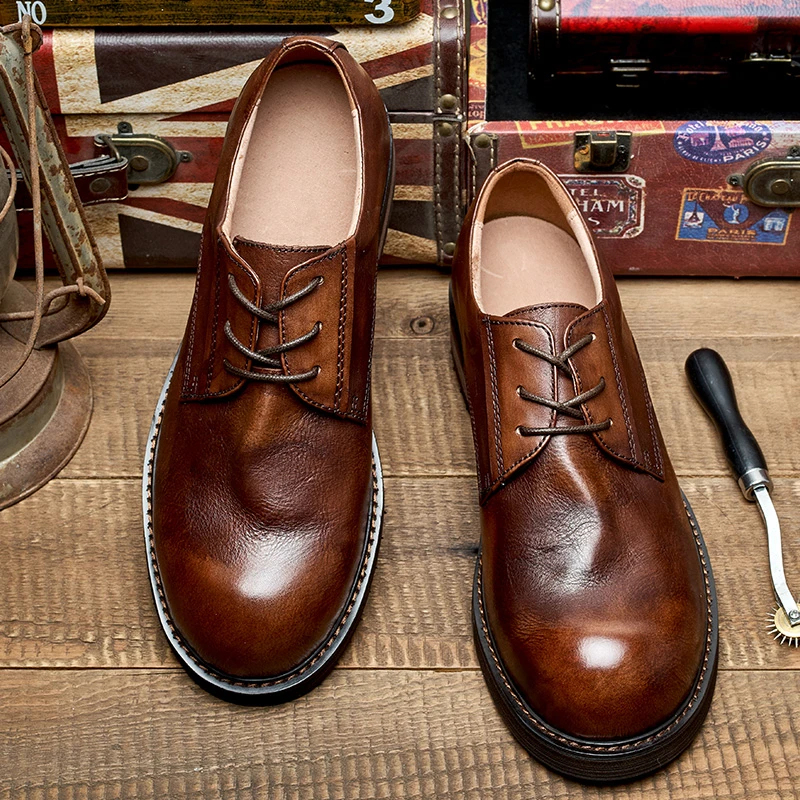 US Size Mature Male Retro Big Round Toe Leather Shoes British Style Thick Bottom Handmade Businessman Casual Luxury Oxfords