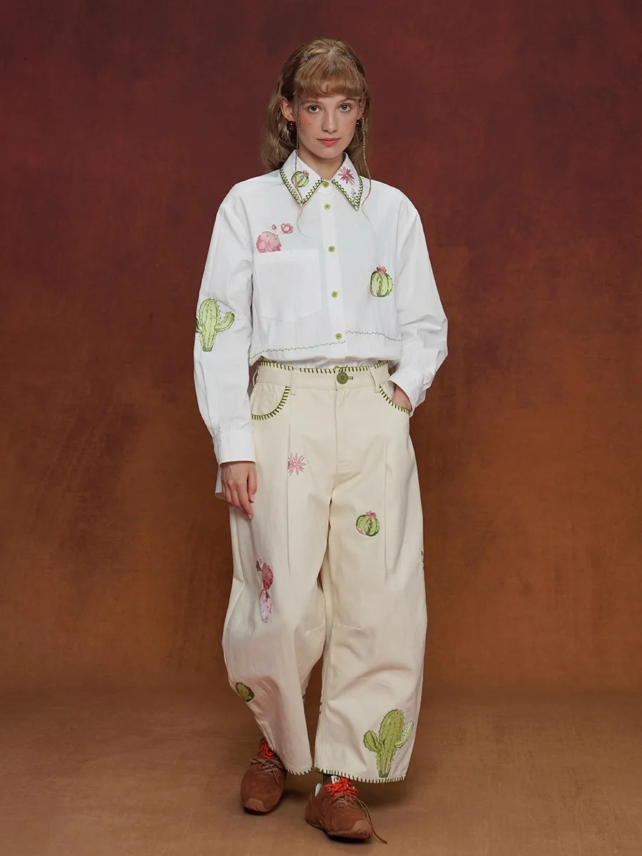 السيدات الصبار المطرزة عالية الخصر واسعة الساق السراويل الخريف