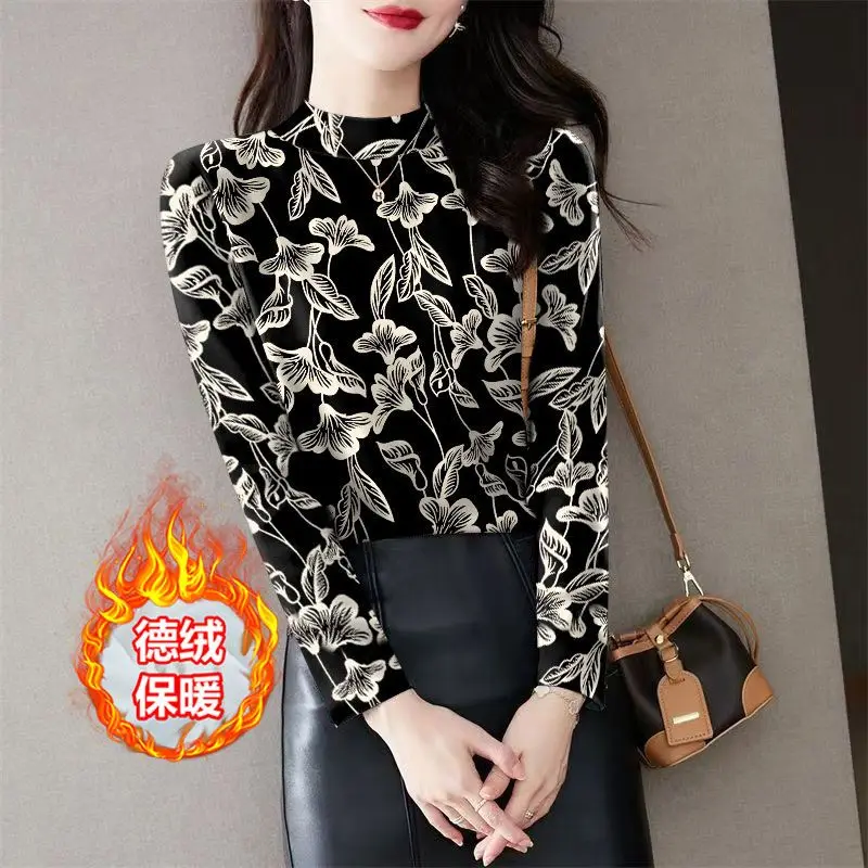 Halfhoge kraag Fleece dik dieptepunt Shirt Dames Herfst Winter Trend Afdrukken T-shirt met lange mouwen Casual All-match warme tops