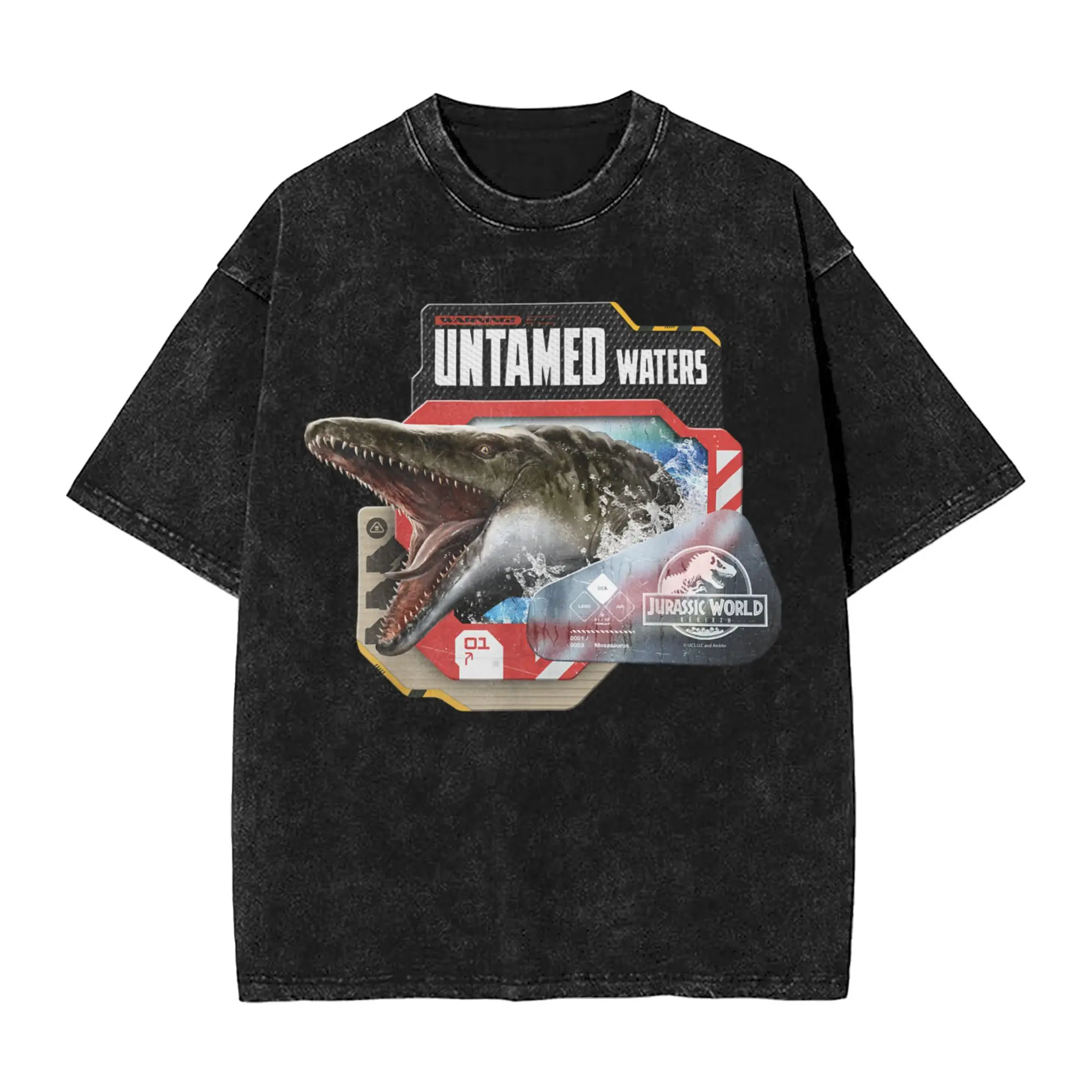 العالم الجوراسي ولادة جديدة تحذير الجامح المياه Mosasaurus تي شيرت الرجال القطن الياقة المستديرة تي شيرت ملابس قصيرة الأكمام