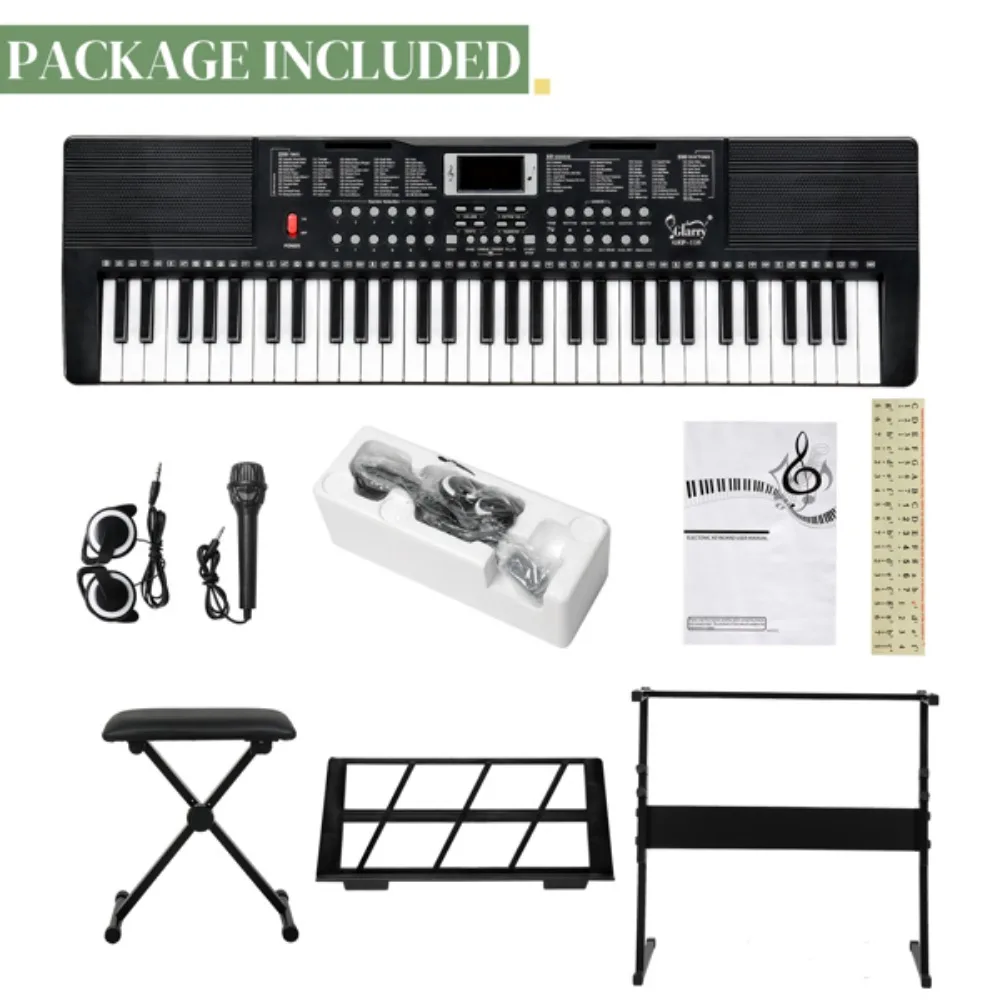 61 Key Keyboard with Piano Stand Bench Built In Speakers Headphone Microphone Music Rest LED Screen 3 Teaching Modes  Piano