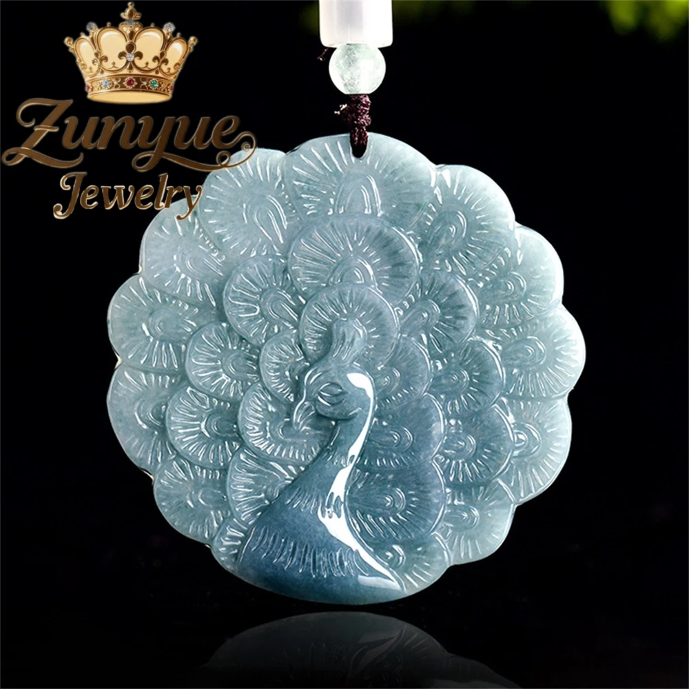 

Natural A-Grade Jadeite Blue Water Peacock Ice-Type Jade Pendant Auspicious And Peaceful Men's Pendant Women's Jade Pendant