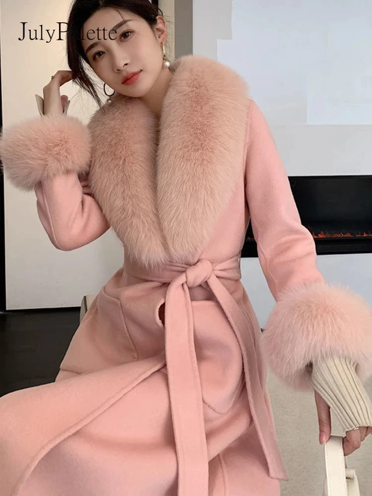 Julypalette White Fox Big Fur Collar Wool Coats Women Natural Fox Fur Coat Winter Warm Midi Length Office Lady Cashmere Outwear