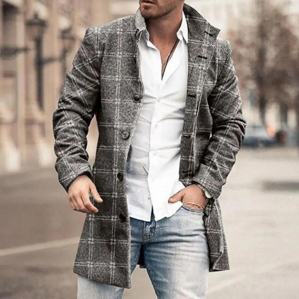 Chaqueta de hombre a cuadros con solapa de un solo pecho, chaqueta ajustada de longitud media de manga larga, gabardina gruesa y cálida para primavera, prendas de vestir exteriores para hombre