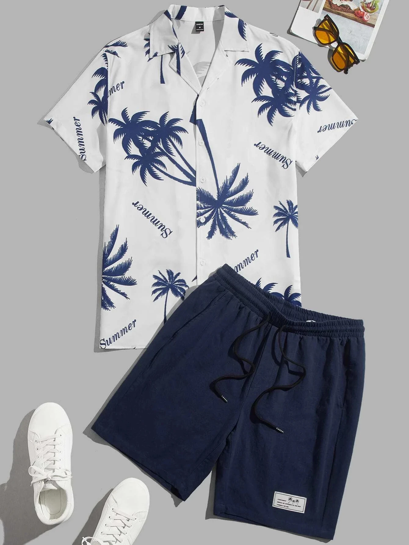 Men\'s and Women\'s Summer Short Sleeve Suit Seaside Beach Palm Tree Print Fashion Button-Up Shirt Top Short Sleeve Shorts