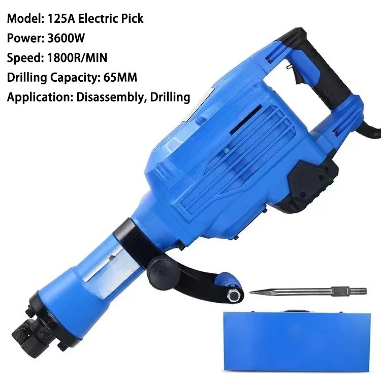 125A 3600W Heavy Duty Electric Demolition Jack Hammer Building Tool Concrete Breaker Drills With Chisel Punch Bit Set