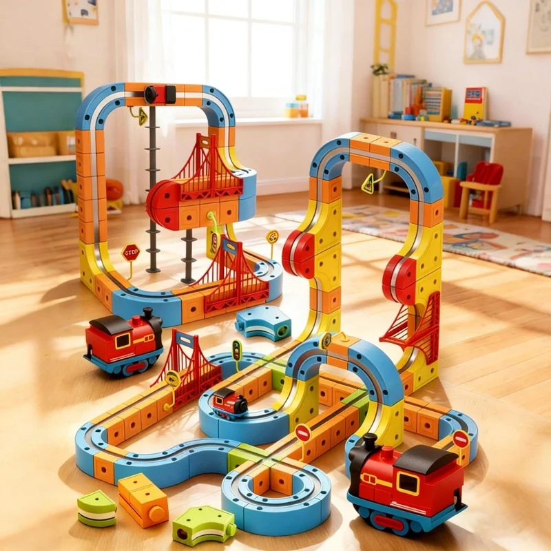 ของเล่นรางรถไฟแม่เหล็กประกอบเองสำหรับเด็ก รถไฟความเร็วสูงแบบแม่เหล็กไฟฟ้า ตัวต่อแบบลูกบาศก์ ของเล่นคริสต์มาสสำหรับเด็กผู้ชาย