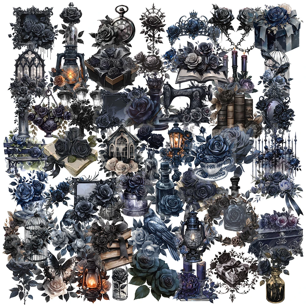 50/100pcs Transparent Black Rose Magic Sticker Aesthetic Waterproof DIY Skateboard Laptop Dark Magic Cartoon Sticker Packs