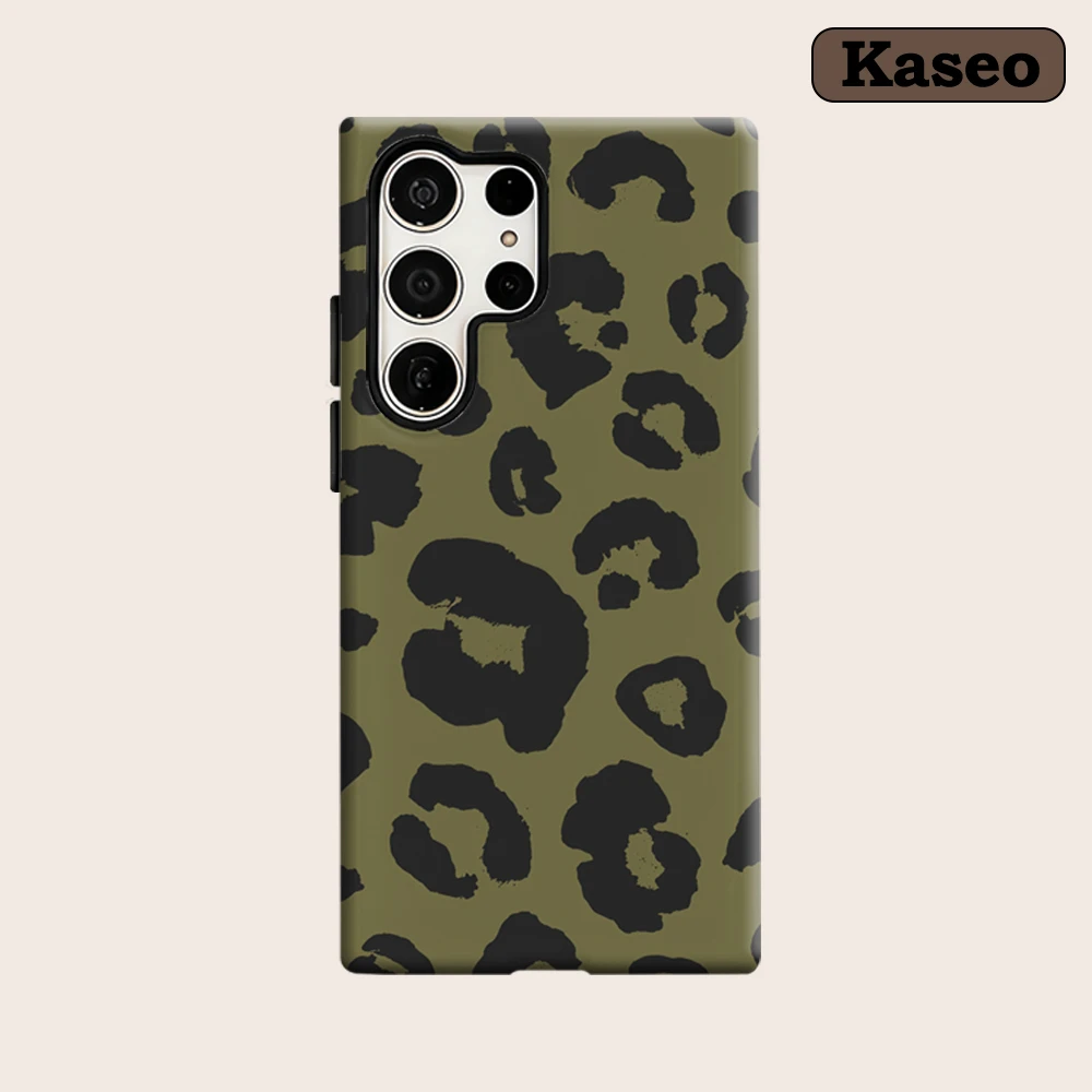 Olive Green Leopard Print Phone Case for Samsung Galaxy S25 Ultra S24 S23 Ultra Plus Glossy Double-layer Back Cover
