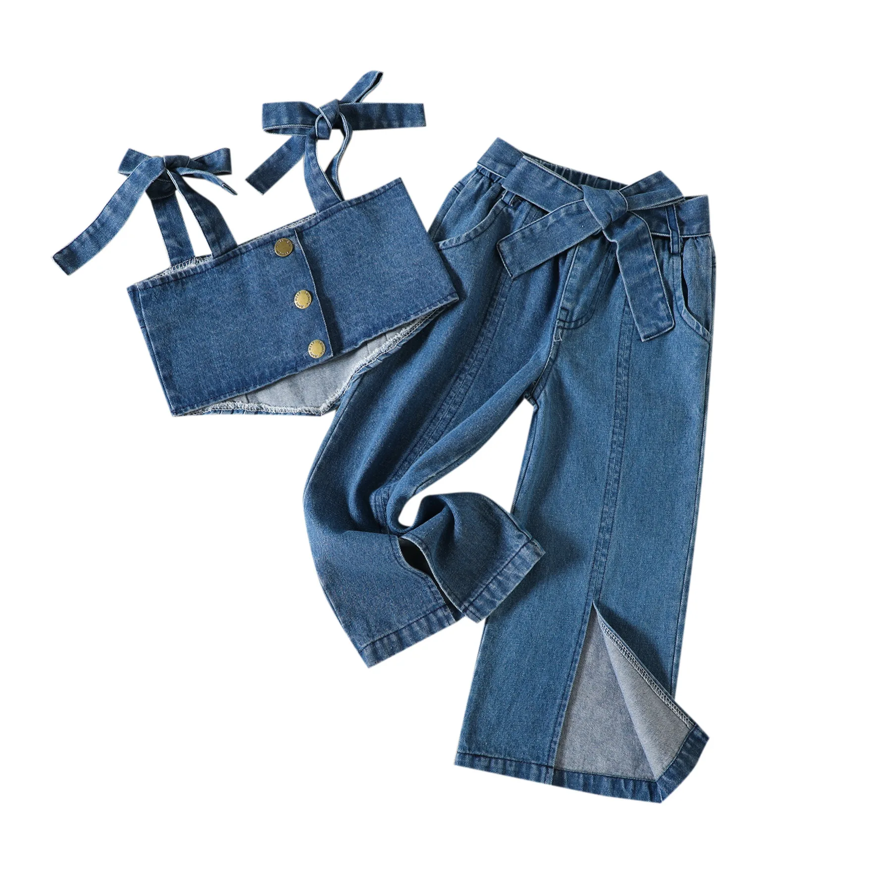 2 Stuk Sets 2025 Nieuwe Zomer Baby Meisje Kleding Koreaanse Mode Denim Mouwloze Blauwe Tops + Losse Jeans Boutique Kinderkleding BC322