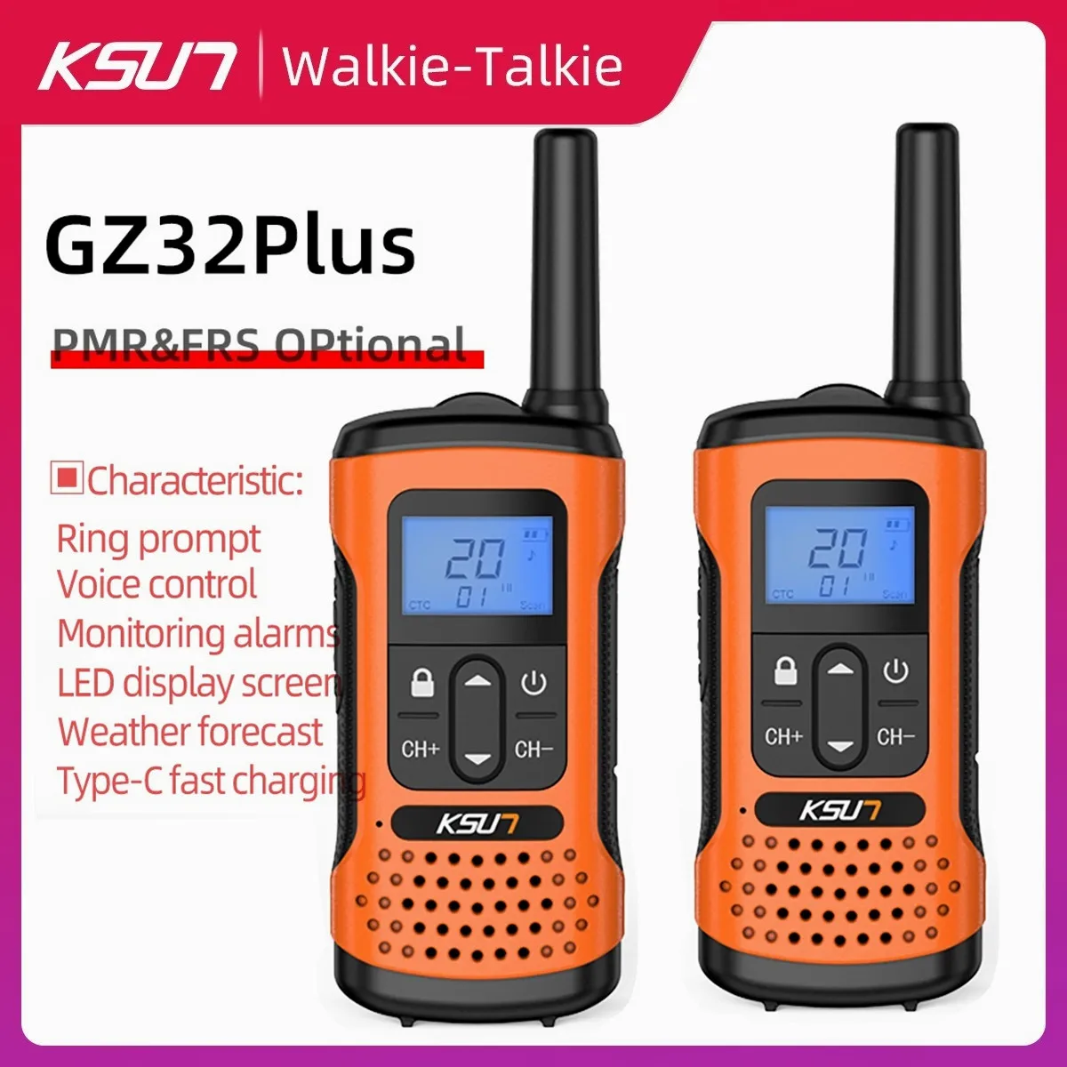 KSUT GZ32PLUS FRS PMR Walkie Talkie, Crianças Rádio, Carregamento Tipo C, Portátil, Recarregável, em dois sentidos, Dispositivo sem fio, 2pcs