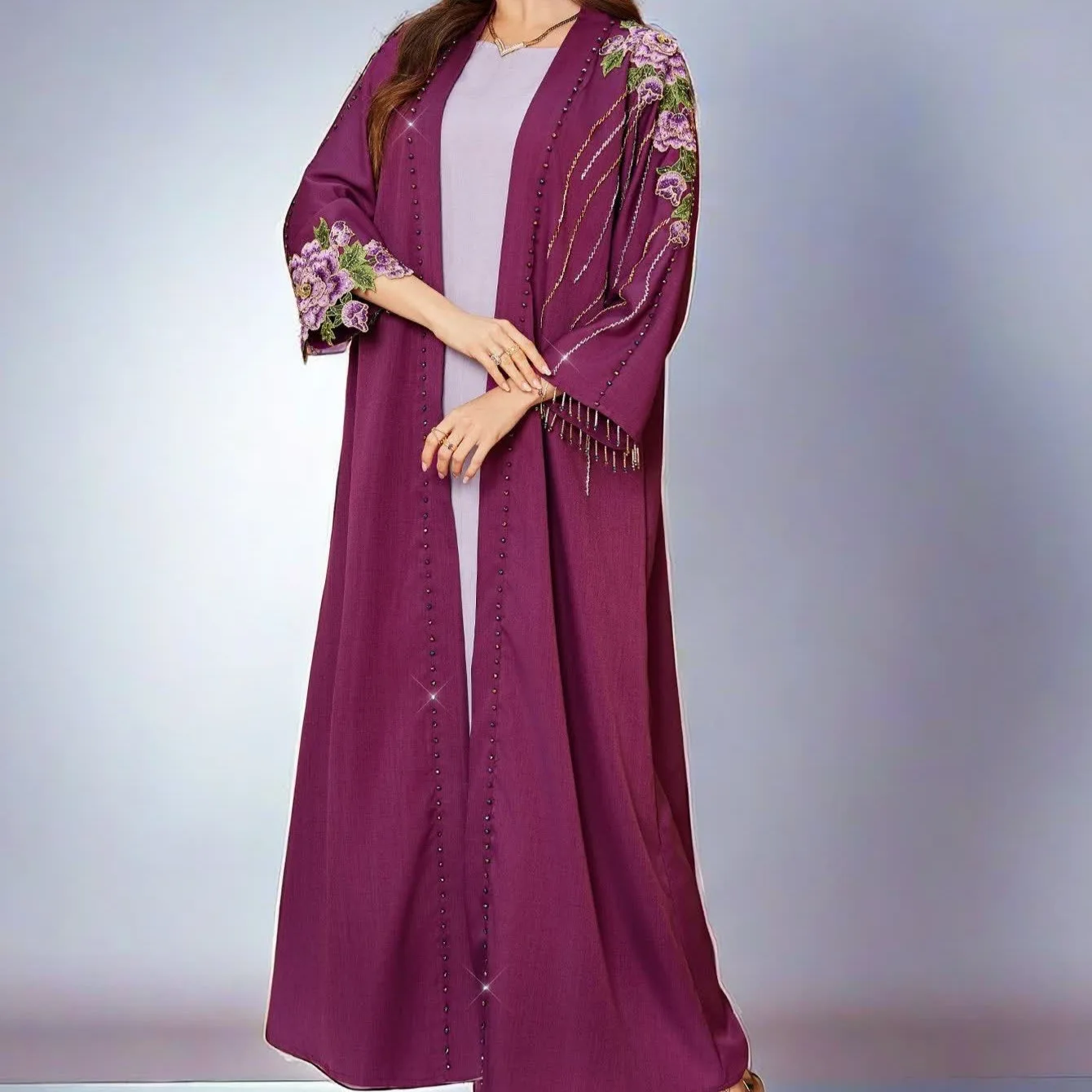 Arab Middle East Dubai New Fashion Muslim Women's Embroideried Casual Trendy Beading Elegant Loose Cardigan Female Abaya Clothes
