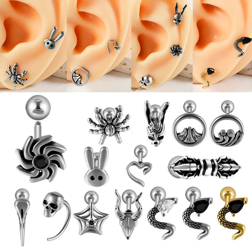 1PC 16G Stainless Steel Spider Rabbit Earrings Labret Lip Studs Punk Animal Cartilage Tragus Helix Ear Lobe Piercing Jewelry