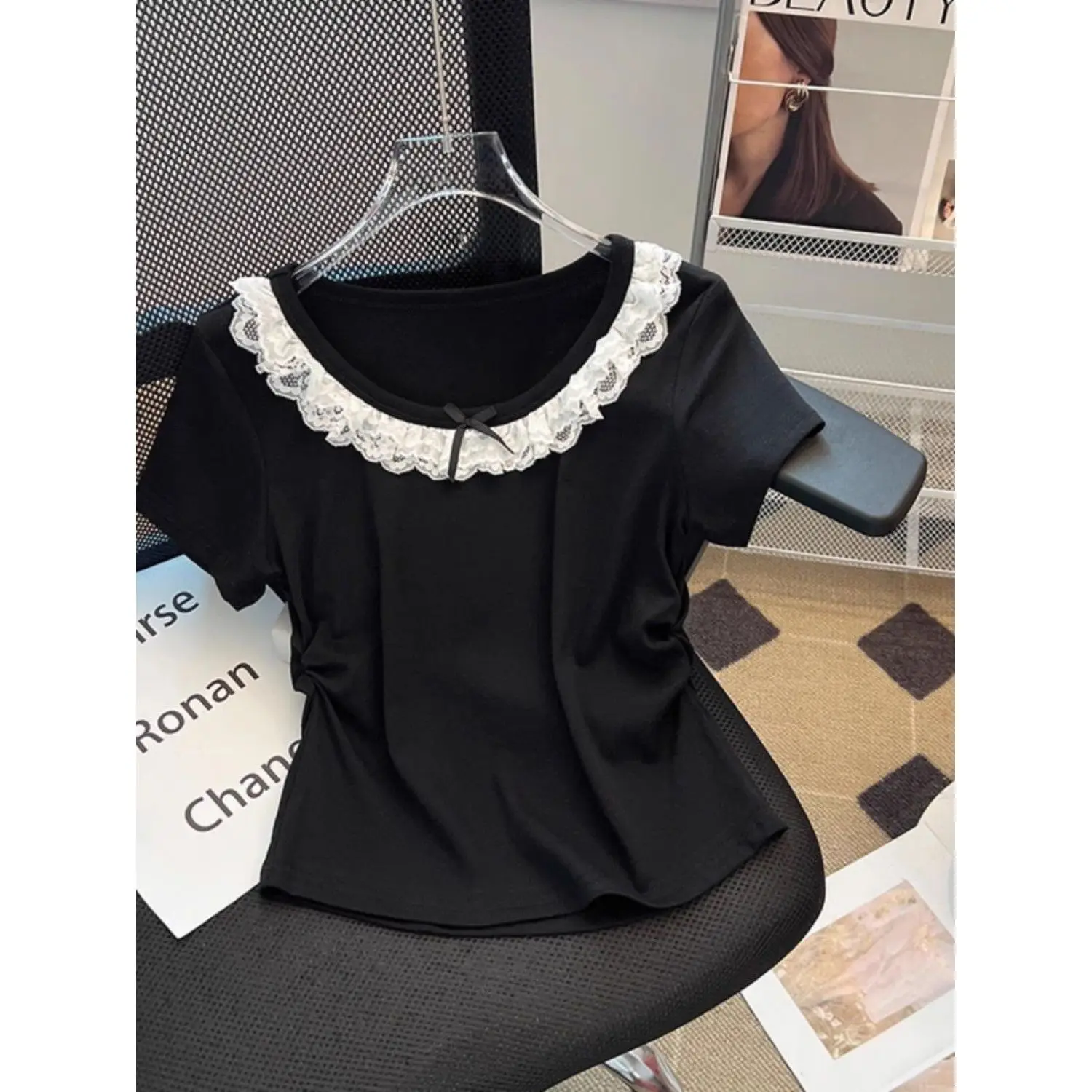 Korean Style Sweet Lace Trim Slim Fit Short Sleeve T-Shirt Women Summer Pure Cotton Shoulder Gathered Waist Slim round Neck Top