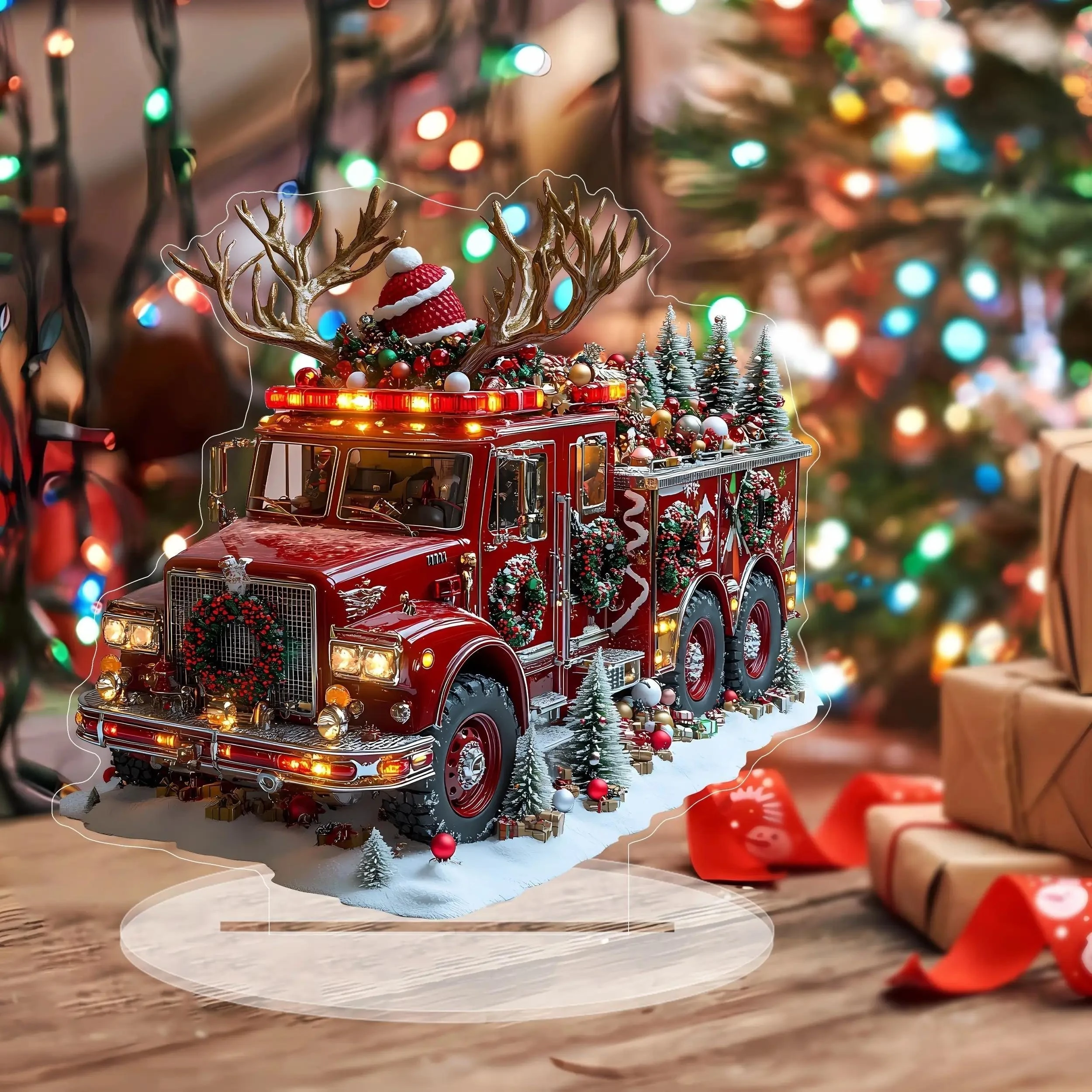 2D Red Truck Acrylic Christmas Ornaments with Deer Antlers for Tree Decorations Home Bedroom Living Room Tabletop Holiday Gifts
