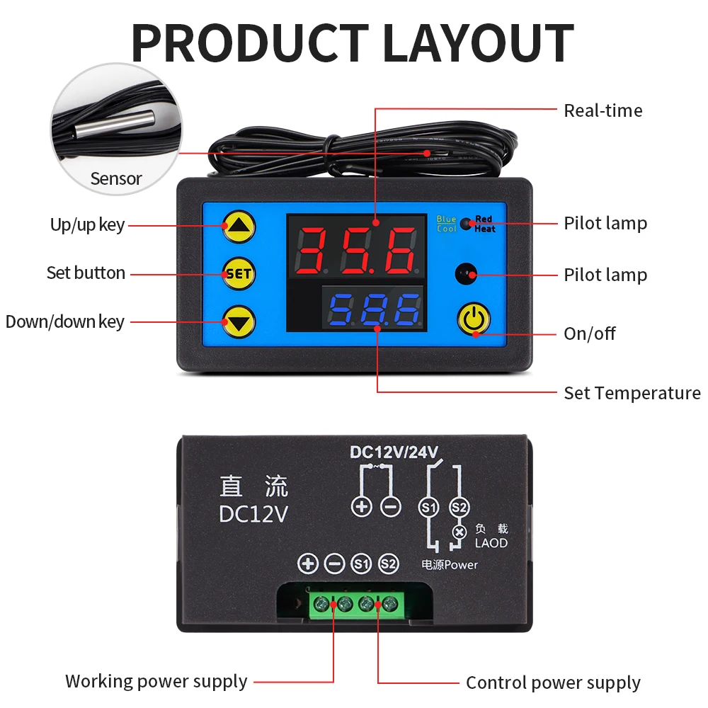 ZFX-W1608 Temperature Controller DC12V Digital Thermostat  Remote Control Microcomputer Freezer Temp Controller with NTC Sensor