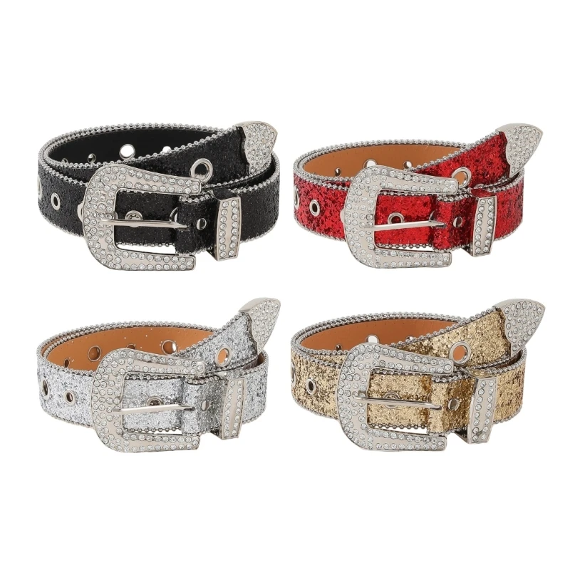 

Rhinestones Studded Buckle Belt for Women Elegant Sequined Belt All Matching Western Belt Shimmering Belt for Jeans Pants